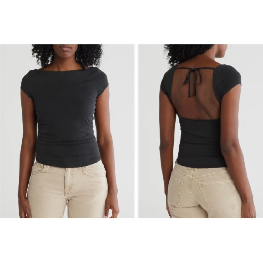 Free People Katie Open Back Shirt Cowl Neck Womens L Black NWT Short Sleeves